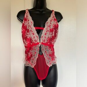 Victoria's Secret Red Floral Lace Mesh Bling Teddy One Piece Bodysuit - Large
